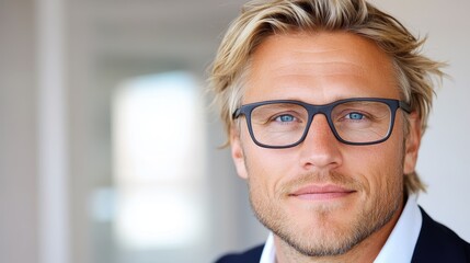 Portrait of a confident and poised man with stylish glasses set against a bright, modern interior, exuding sophistication and a relaxed sense of professional presence.