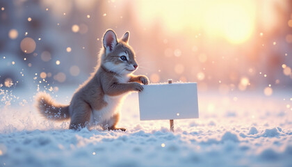 Sweet Kitten Standing in Snow with Empty Sign Against Golden Winter Sunset with Copy Space