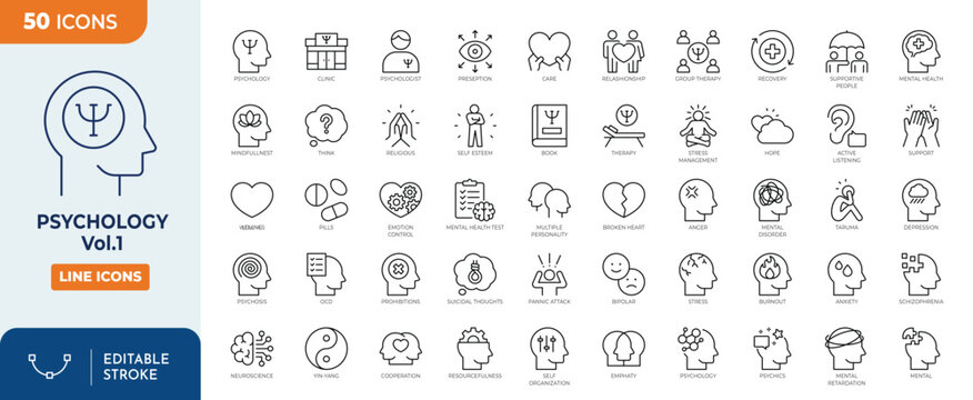 Psychology icon set. Outline Icon Collection. Vector illustration. Editable stroke	