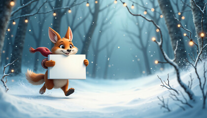 Playful Fox Running with Blank Sign in Mystical Winter Forest with Copy Space