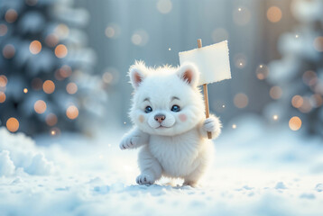 Adorable White Polar Bear Cub Happily Holding Blank Sign Against Magical Winter Forest With Bokeh Lights