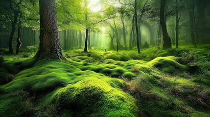 A sunbeam breaks through the canopy of a lush, mossy forest.