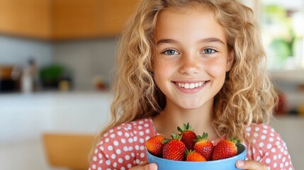 A cheerful young girl with blonde curly hair holds a blue bowl filled with ripe strawberries, smiling broadly, while standing in a well-lit modern kitchen environment.