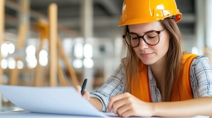 A smiling female engineer in a hard hat reviews construction plans at a building site, exuding confidence, expertise, and satisfaction in her engineering career.