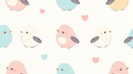 Cute colorful birds pattern with hearts on a light background, perfect for children's decor or playful design projects.