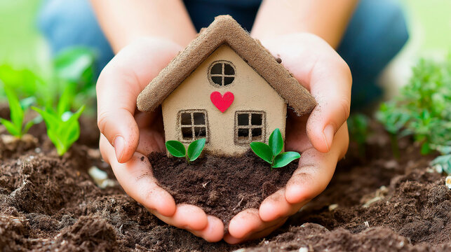 A person's hand holding a miniature house, in a place where plants grow and develop. House and environmental care