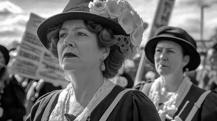 Photo representation of suffragette women on the march, fighting for the female vote