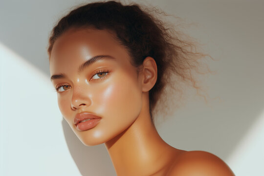 beautiful black african brown latina model with curly hair against white background makeup natural clean aesthetic skincare glowing skin plain white background