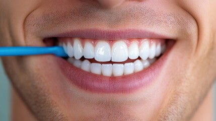 Detailed close-up of a man's white smile while cleaning his teeth, highlighting dental care tools like an interdental brush for hygiene and oral health focus.