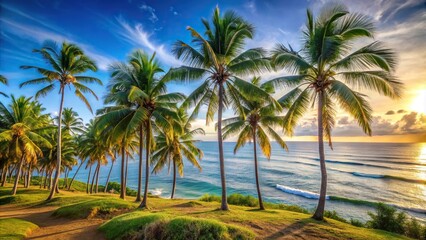 Fototapeta premium Panoramic view of palm trees swaying in ocean breeze near coast