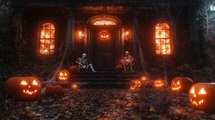 Obraz premium Spooky Halloween scene with skeletons and carved pumpkins.