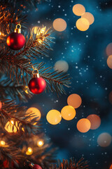 Christmas tree with twinkling lights and colorful ornaments, surrounded by presents and glowing candles, creating a festive and cozy holiday atmosphere.