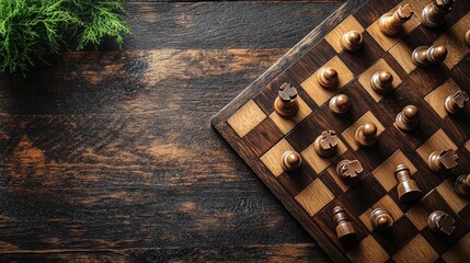 A wooden chess board with pieces set up on a rustic wooden table with copy space.