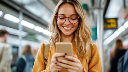 A fashionable young woman with glasses joyfully using her phone on a subway ride, highlighting a blend of modern connectivity and personal enjoyment.