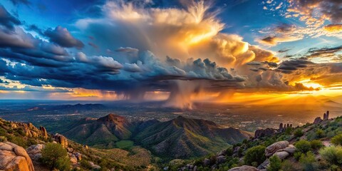 Panoramic view of sunset and monsoon storms over Tucson AZ from Mt Lemmon Catalina Highway