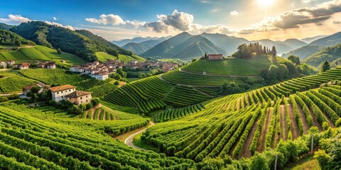 Panoramic view of vineyards in Valdobbiadene hills