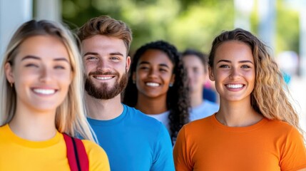 A cheerful line of adults wearing colorful shirts is seen outdoors, emphasizing camaraderie, diversity, and happiness with bright expressions and a blurred background.
