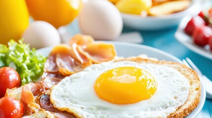 Start your day right with a tasty breakfast spread featuring sunny side up eggs and vibrant colors to perk up your mood.