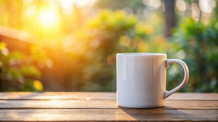 Obraz premium Panoramic white coffee mug mock up in morning light