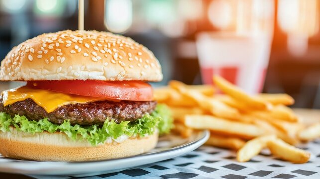 Indulge in a mouthwatering cheeseburger served with crispy fries on a classic checkered plate. Pure comfort food bliss