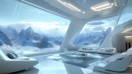 Futuristic living room with panoramic mountain view.