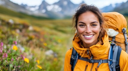 A vibrant woman with a backpack and orange jacket smiles amidst stunning mountain scenery, epitomizing a love for nature, exploration, and adventure in the wilderness.