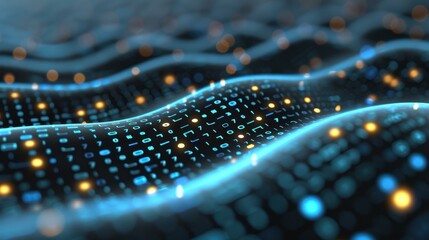 Experience the fusion of tech and art in this binary code visualization, featuring glowing dots on a serene blue backdrop.