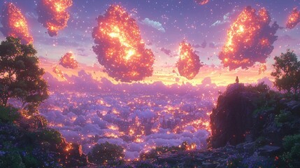 Fototapeta premium Fantasy Landscape with Fiery Clouds, a Lone Figure, and a Distant City