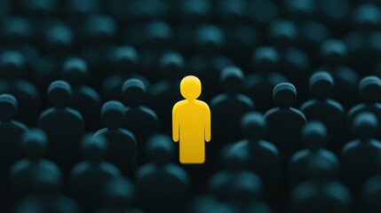 A striking yellow figure amidst dark silhouettes symbolizes brand differentiation and uniqueness in a competitive landscape.