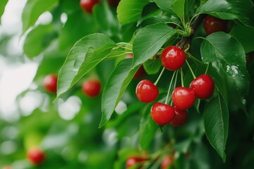 Obraz premium Fresh, ripe cherries hanging from vibrant green leaves on a cherry tree on a sunny day in late summer