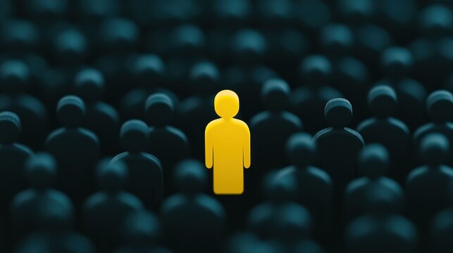 A striking yellow figure amidst dark silhouettes symbolizes brand differentiation and uniqueness in a competitive landscape.