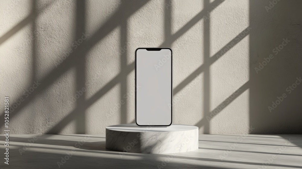 Leinwandbilder a modern smartphone stands on a marble pedestal, bathed in soft sunlight that casts delicate shadows