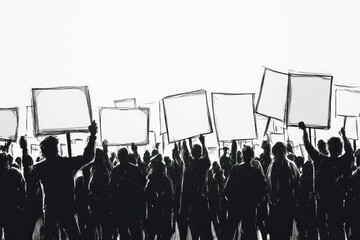 Group of people enthusiastically holding signs in the air, standing in solidarity at a protest march, colorful banners demanding change in background.