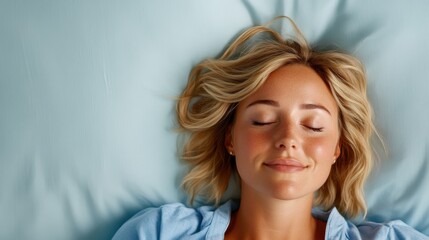 A content blonde woman lies smiling with eyes closed on a light blue pillow, embodying peace and relaxation in a serene bedroom setting, exuding calm energy.