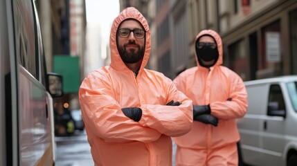 Two men wearing orange hazmat suits and black gloves stand with confidence on a city street, exuding a sense of preparedness and seriousness.