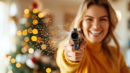 A joyful woman is playfully pointing a toy gun directly at the camera in a festive setting, with holiday lights and a decorated Christmas tree in the background.