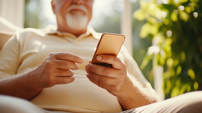 An elderly man with a white beard is seated comfortably, engaged with his smartphone in a sunlit room filled with greenery, portraying a blend of technology and leisure.