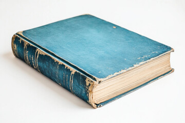 Obraz premium Blue book on white background, open with blank pages.