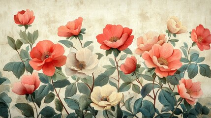 Watercolor painting of delicate pink and white roses on a textured, vintage background.