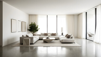 Modern Minimalist Living Room with Neutral Tones, Spacious Layout, and Elegant Decor