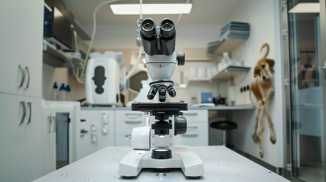 A microscope in a veterinary clinic setting