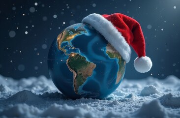 A globe wearing a Santa hat against a snowy background, capturing the festive spirit of Christmas around the world