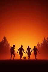 Fototapeta premium Silhouetted soccer players chased by sunset in a tranquil outdoor setting