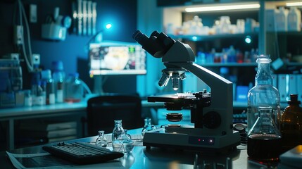 Fototapeta premium A Microscope and Lab Equipment on a Countertop in a Laboratory