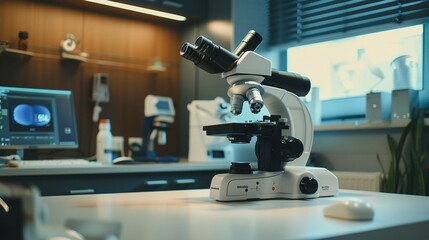 A Modern White Microscope on a White Table in a Laboratory Setting
