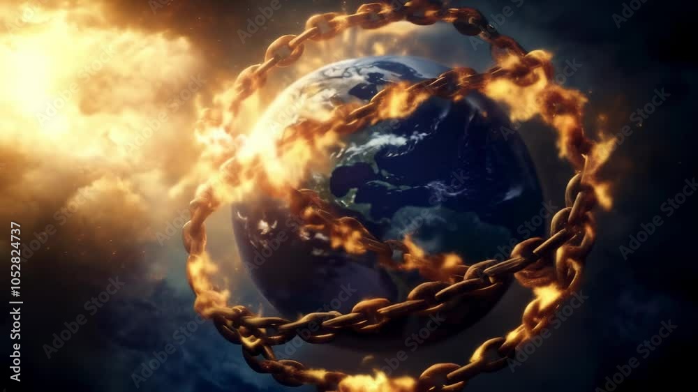 Aufkleber planet earth encircled by glowing chains in outer space symbolizing global warming and climate chang