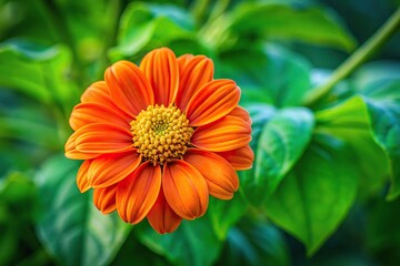 Close-up shot of an orange flower against a background of green leaves