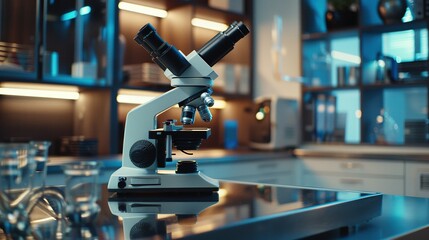 Fototapeta premium A microscope on a shiny metal table in a lab setting