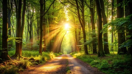 Obraz premium Peaceful forest path with sunlight filtering through trees