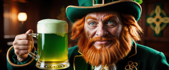 Leprechaun holding green beer celebrating saint patrick's day in irish pub
